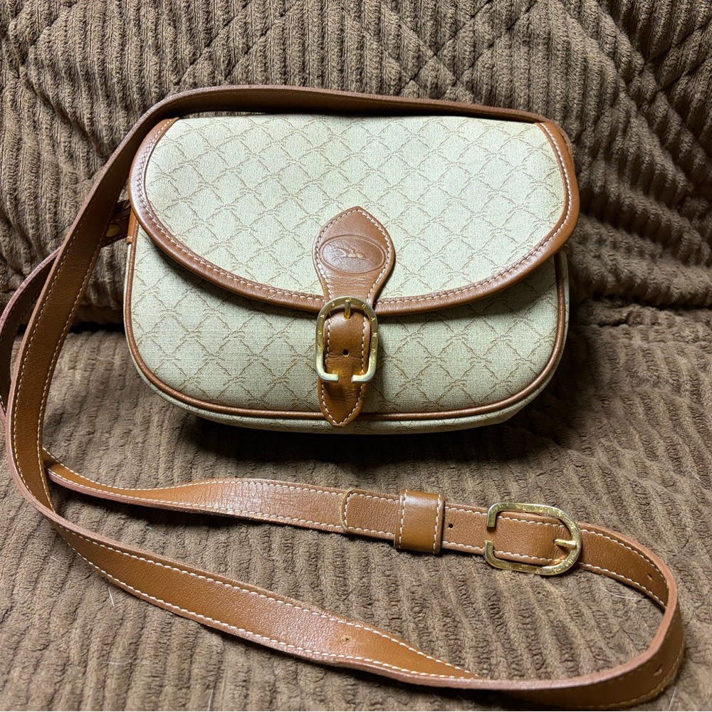 Longchamp tan and cream crossbody bag